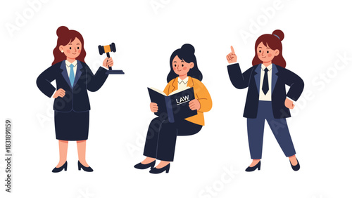 Flat vector sticker set of cute women lawyers holding documents, scales of justice, and speaking confidently. Ideal for legal profession themes