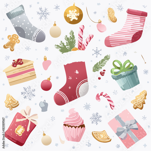 Christmas icons and symbols. Holiday objects and decorations. Socks, gifts, candy, cake, cupcake, gingerbread man. Winter festive elements. Vector illustration.