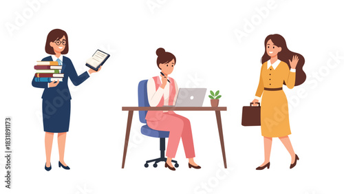 Flat vector sticker set of cute women lawyers holding documents, scales of justice, and speaking confidently. Ideal for legal profession themes