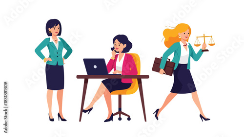 Flat vector sticker set of cute women lawyers holding documents, scales of justice, and speaking confidently. Ideal for legal profession themes
