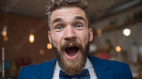 Close up of a surprised man with a beard wearing a blue suit and a bow tie looking at the camera