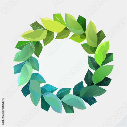 Green leaf wreath. Vector illustration. Eco friendly symbol. Nature and environment icon. Green leaves circle. Sustainable living logo. White background. Eco logo design. Environmental