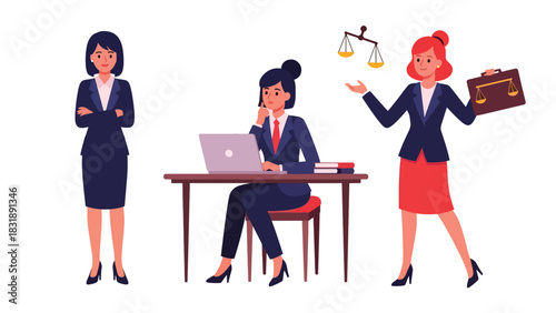 Flat vector sticker set of cute women lawyers holding documents, scales of justice, and speaking confidently. Ideal for legal profession themes
