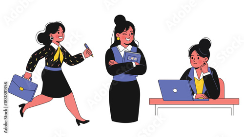Flat vector sticker set of cute women lawyers holding documents, scales of justice, and speaking confidently. Ideal for legal profession themes