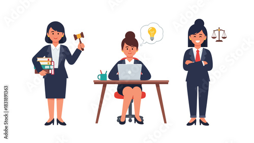 Flat vector sticker set of cute women lawyers holding documents, scales of justice, and speaking confidently. Ideal for legal profession themes