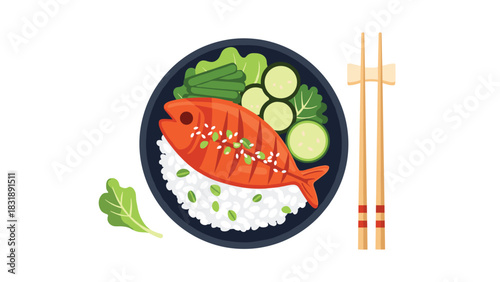 A vibrant, healthy Asian-inspired fish bowl with fresh greens and chopsticks, perfect for a modern, balanced lifestyle meal