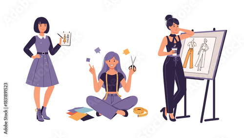 Flat vector sticker set of cute women fashion designers sewing clothes, sketching outfits, and working with mannequins. Perfect for creative career themes