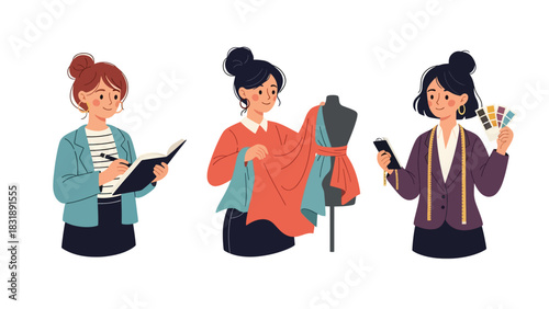 Flat vector sticker set of cute women fashion designers sewing clothes, sketching outfits, and working with mannequins. Perfect for creative career themes