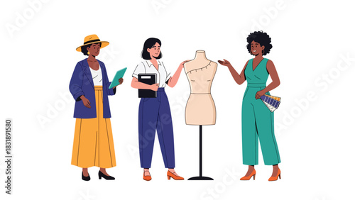 Flat vector sticker set of cute women fashion designers sewing clothes, sketching outfits, and working with mannequins. Perfect for creative career themes