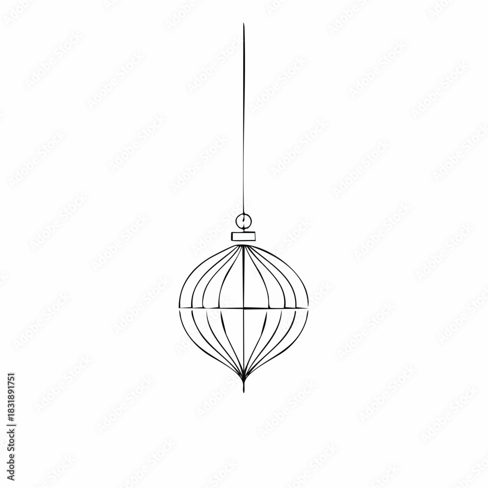 Obraz premium Christmas ornament. Wireframe ball decoration. Black lines on white background. Simple holiday icon. Vector illustration. Ornate sphere. Hanging decoration. Minimalist design. Festive