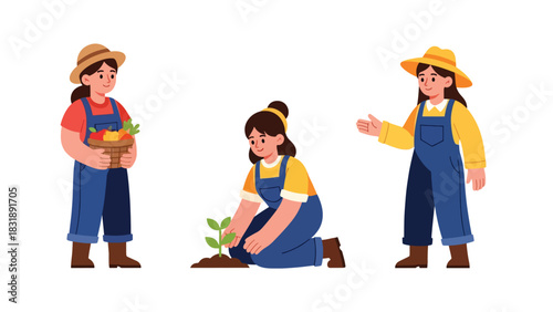 Flat vector collection featuring cute women farmers harvesting vegetables, watering plants, and working outdoors. Ideal for agriculture job visuals