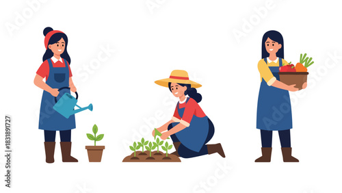 Flat vector collection featuring cute women farmers harvesting vegetables, watering plants, and working outdoors. Ideal for agriculture job visuals