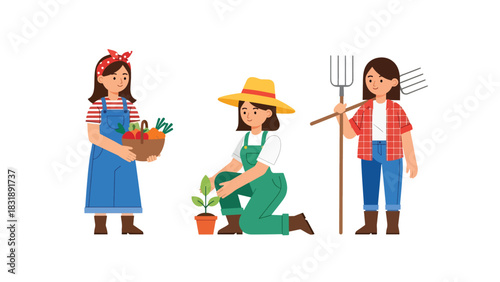 Flat vector collection featuring cute women farmers harvesting vegetables, watering plants, and working outdoors. Ideal for agriculture job visuals