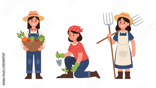 Flat vector collection featuring cute women farmers harvesting vegetables, watering plants, and working outdoors. Ideal for agriculture job visuals