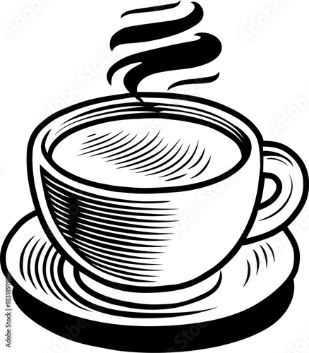A vintage-style illustration of a coffee cup with steam in woodcut, etching, or engraving style. This retro art deco design adds a classic, nostalgic touch, perfect for cafes and branding.