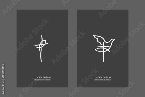Classic, universal religious template poster, flyer, invitation card set with Christian Symbol Cross, Dove, and Ictus Design