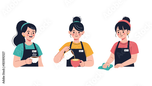 Flat vector sticker set showing cute women baristas brewing coffee, pouring latte art, and serving drinks. Ideal for café lifestyle and beverage job themes