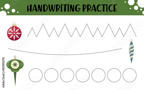 Christmas handwriting practice worksheet for kids with dotted zigzag, curved, and circular tracing lines decorated with festive ornaments