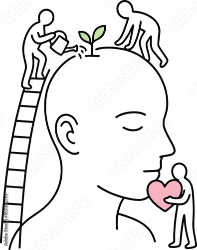 Abstract Mental Health Concept with Tiny Figures Caring for Mind Vector