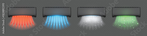Cold and hot fresh air flow streams with glow blue and red arrows from black air conditioner, vector climate control