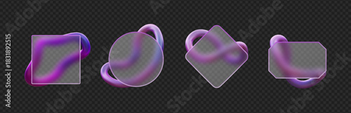 3D square, rectangle and round frames in glass morphism style, transparent matt plates, purple gradient rings vector set