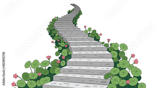 Ascend floral stairs toward a bright destination with optimism and new beginnings, perfect for inspirational or spiritual themes in design