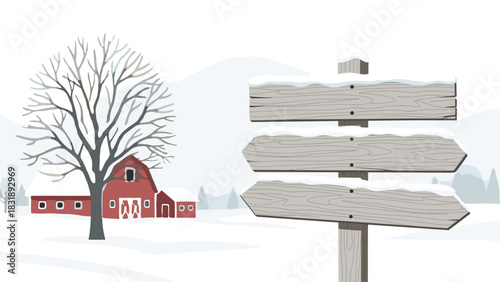 Charming snowy scene of a rustic red barn and weathered wooden direction sign under a blanket of fresh winter snow in the countryside