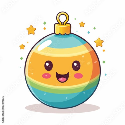 Cartoon Christmas ornament. Smiling face. Colorful ball decoration. Holiday icon. Vector illustration. White background. Festive symbol. Christmas tree decoration. Fun design element.