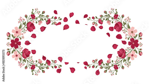 Elegant floral frame with ruby red and blush pink flowers, perfect for wedding invitations or romantic greetings, a beautiful blossom design