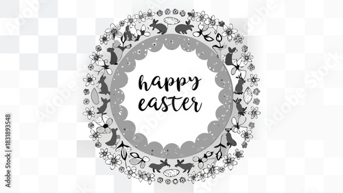 Whimsical hand drawn circular floral wreath with playful bunnies and the text happy easter in the center perfect for spring celebrations and greeting cards