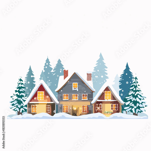 Winter houses. Snowy scene. Three houses. Snowy trees. Vector illustration. Winter landscape. Homes in snow. Snowfall. Residential area. Winter wonderland scene.