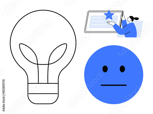 Light bulb for innovation, blue neutral face for user sentiment, person highlighting progress on a tablet. Ideal for creativity, feedback, motivation, decision-making, learning, innovation simple