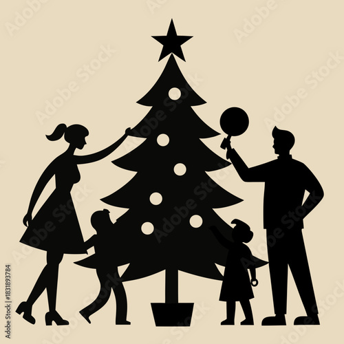 Silhouette of a family decorating a christmas tree with ornaments and a star on top together happily | ai generated svg