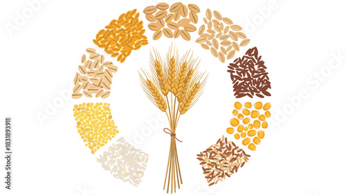 Whole grains and their natural goodness, celebrating healthy eating with a variety of grains around wheat stalks on a white background
