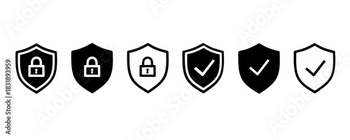 Modern security shield icons featuring lock and check symbols, perfect for digital safety designs, protection labels, secure interfaces, and verification graphics