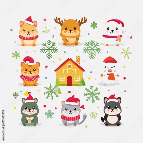 Christmas animals icon set. Cute cartoon cats, reindeer, penguin, and snowman. Winter holiday characters. Vector illustration on white background. Festive design elements. Colorful
