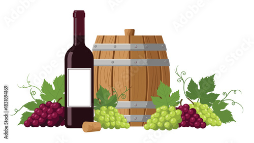 Crafted wine bottle and grapes with rustic barrel invite a taste of tradition and celebration for your next event or product design project