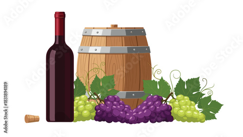 Celebrate wine country traditions with this beautiful wine bottle, barrel, and grapes arrangement conveying rustic elegance and timeless appeal