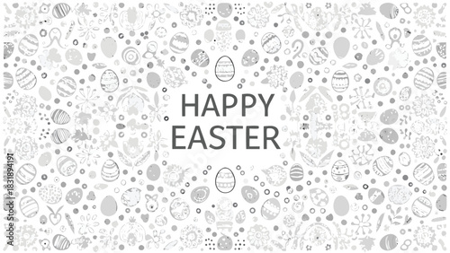 Happy easter greeting card with a festive pattern of hand drawn easter eggs and floral elements in a monochromatic grayscale design