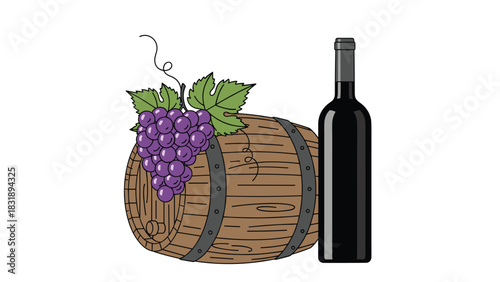 Classic wine country scene featuring ripe grapes, rustic barrel, and elegant bottle, perfect for wine tasting events and vineyard promotions