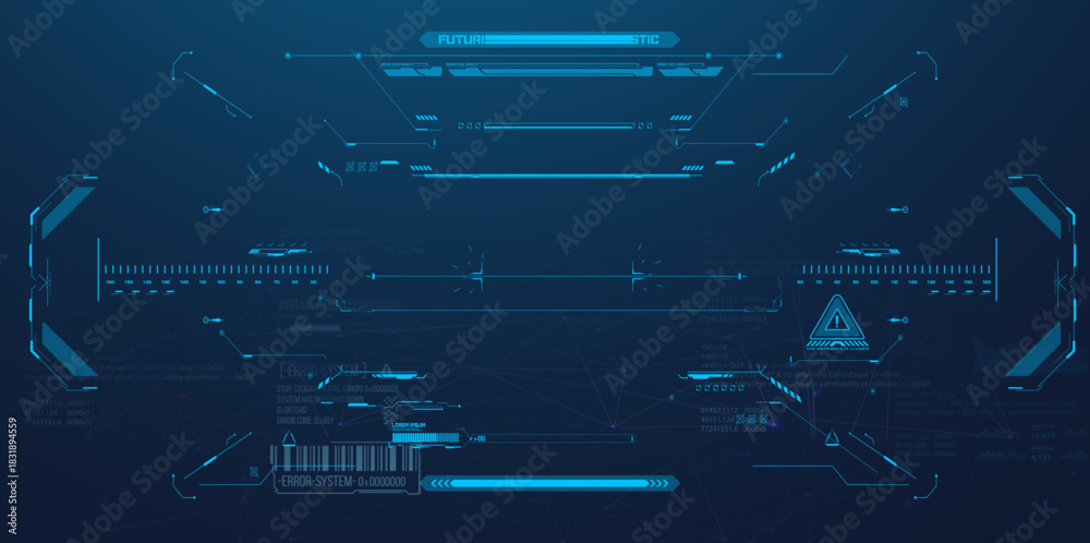 Naklejka premium Futuristic blue HUD interface with digital technology elements, data bars, warning icons and holographic UI graphics on dark abstract background