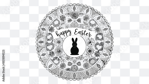 Intricate black and white mandala design featuring a silhouette of a bunny and the words happy easter perfect for spring holiday celebrations and decorations