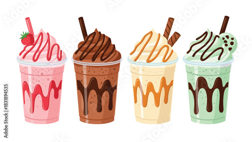 Vibrant milkshakes featuring strawberry, chocolate, caramel and mint flavors, perfect for a sweet treat and vibrant designs