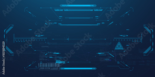 Futuristic blue HUD interface with digital technology elements, data bars, warning icons and holographic UI graphics on dark abstract background
