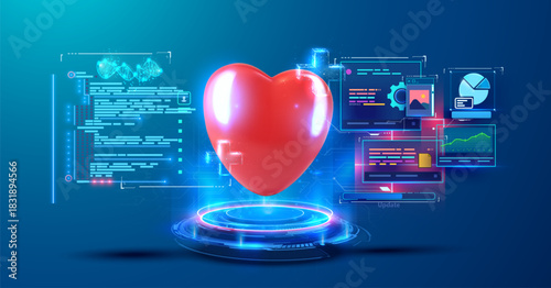 3D red heart floating above holographic platform surrounded by digital medical interface panels with health data charts code and DNA graphics on blue futuristic background