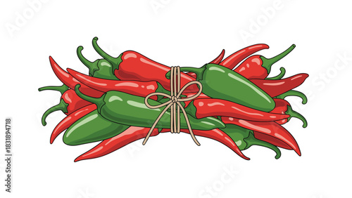 Freshly picked red and green chili peppers tied together for vibrant cooking and spicy cuisine inspiration, perfect for food blogs and menus