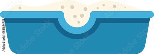 Blue plastic litter box full of sand for cats hygiene standing on white background