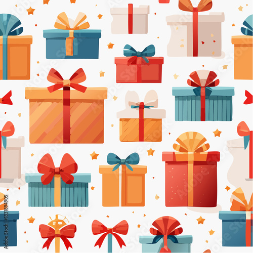Gift boxes with bows and ribbons. Colorful presents. Wrapped boxes. Red, blue, orange, and white gifts. Festive presents. Seamless pattern. Vector illustration. White background. Holiday