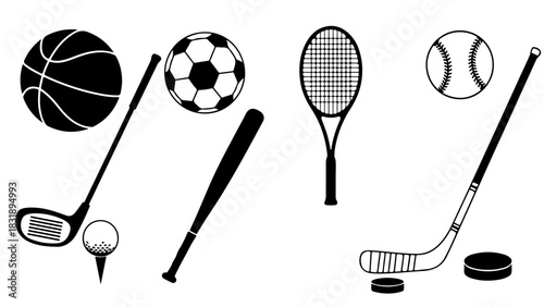 Variety of Sports Equipment Silhouettes in Minimal Black Shapes – Clean Vector Athletic Set