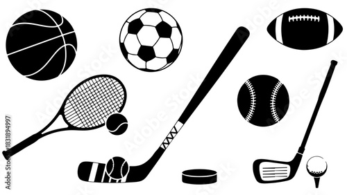Variety of Sports Equipment Silhouettes in Minimal Black Shapes – Clean Vector Athletic Set